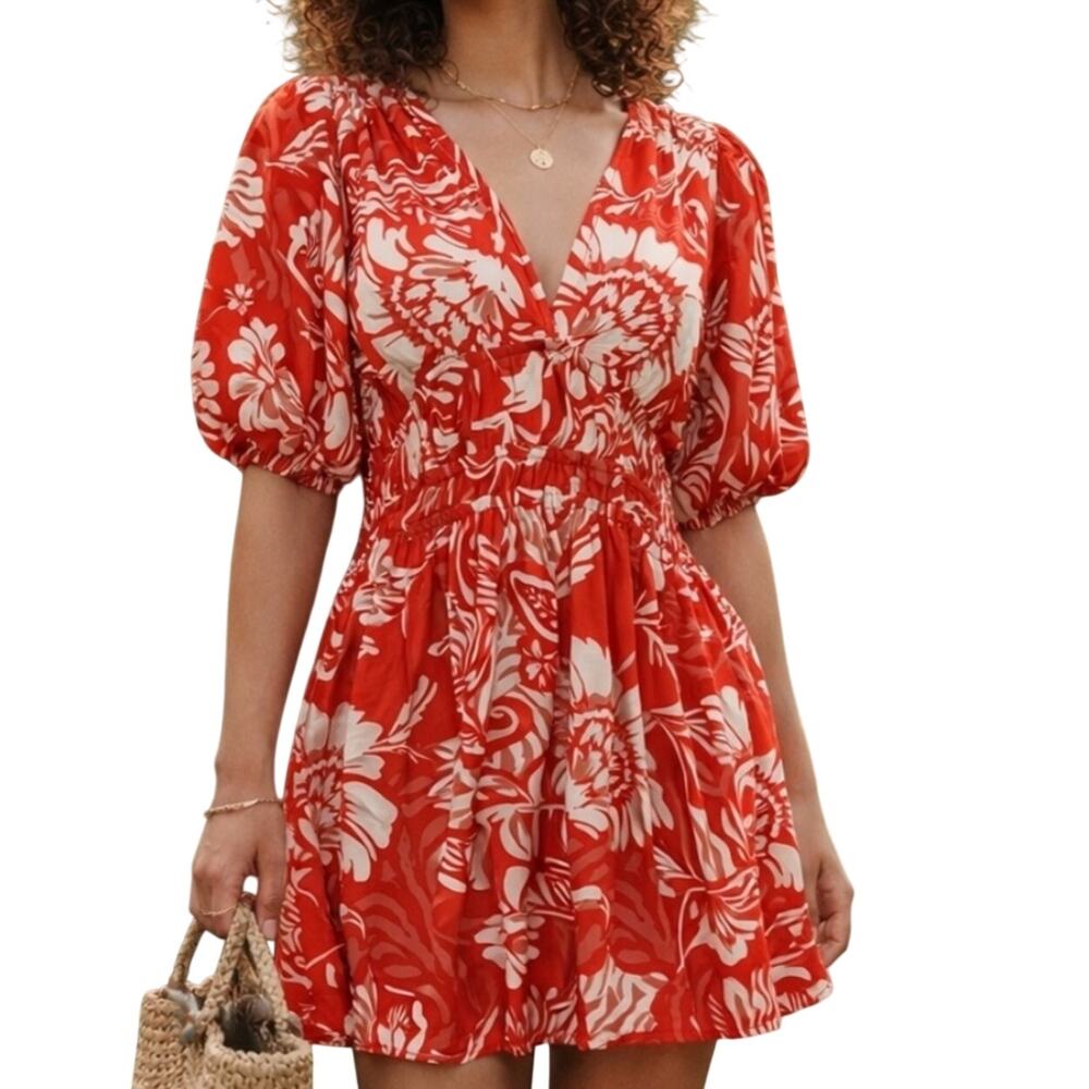 Abel the Label Red White Pink Tropical Floral Short Sleeve V-neck Mini Dress